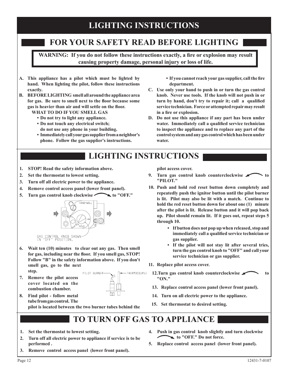 For your safety read before lighting, Lighting instructions | Langley/Empire DV-55SPP User Manual | Page 12 / 20