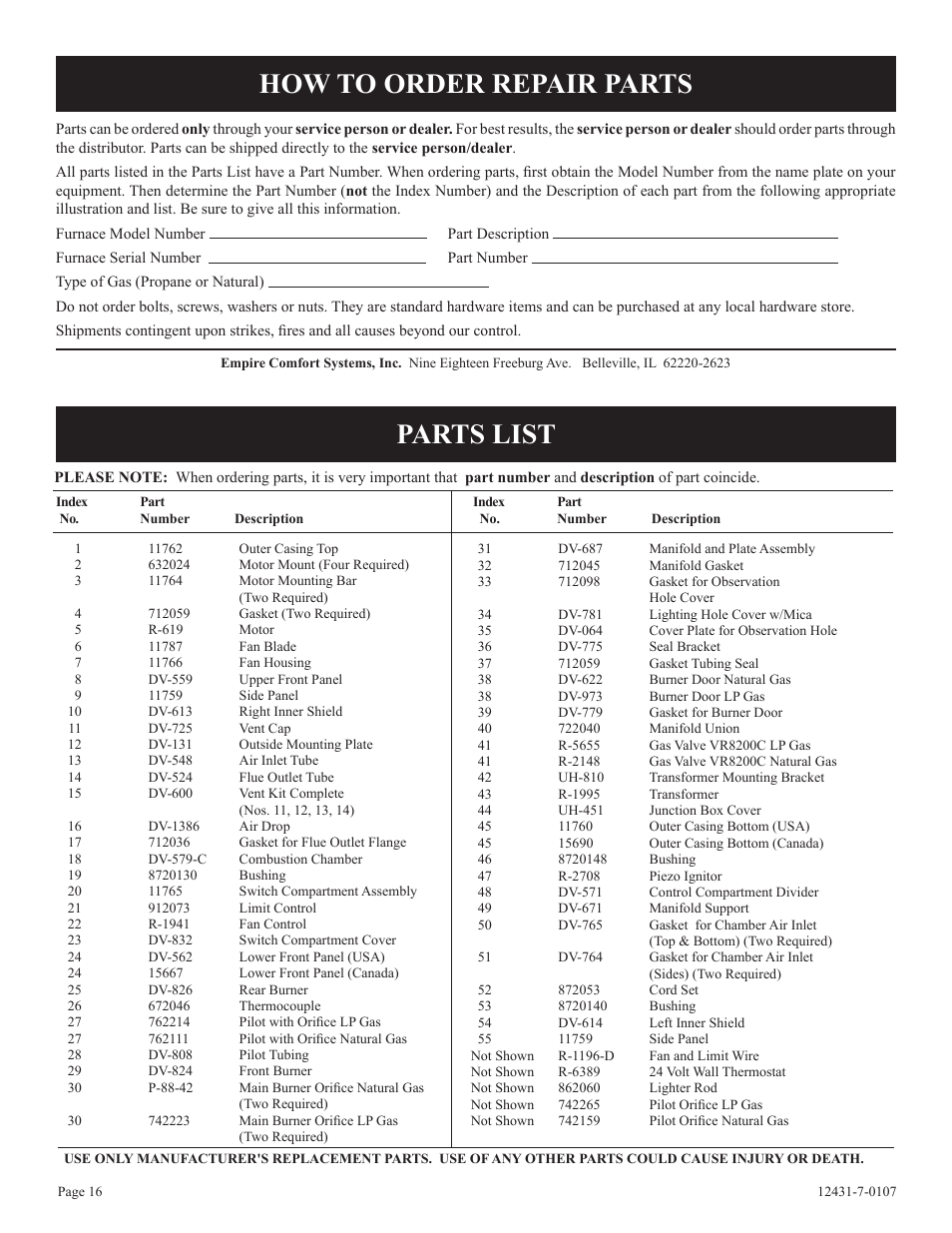 How to order repair parts parts list | Langley/Empire DV-55SPP User Manual | Page 16 / 20