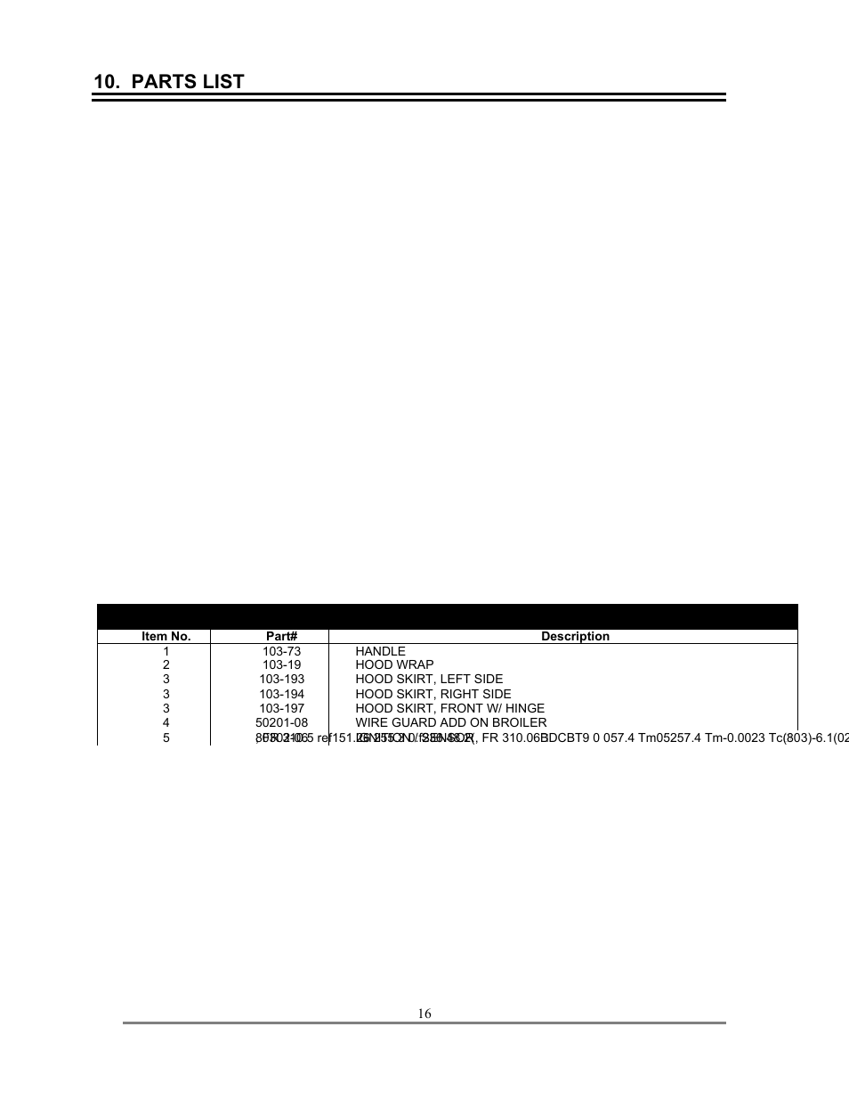 Parts list, Parts lists | Lang Manufacturing AGC User Manual | Page 16 / 19