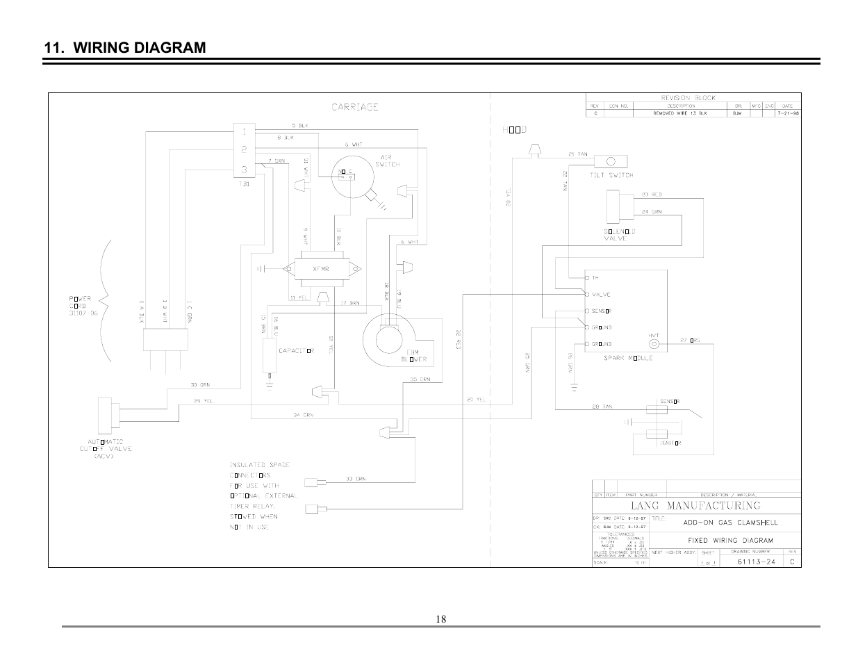 Wiring diagram, Wiring diagrams | Lang Manufacturing AGC User Manual | Page 18 / 19