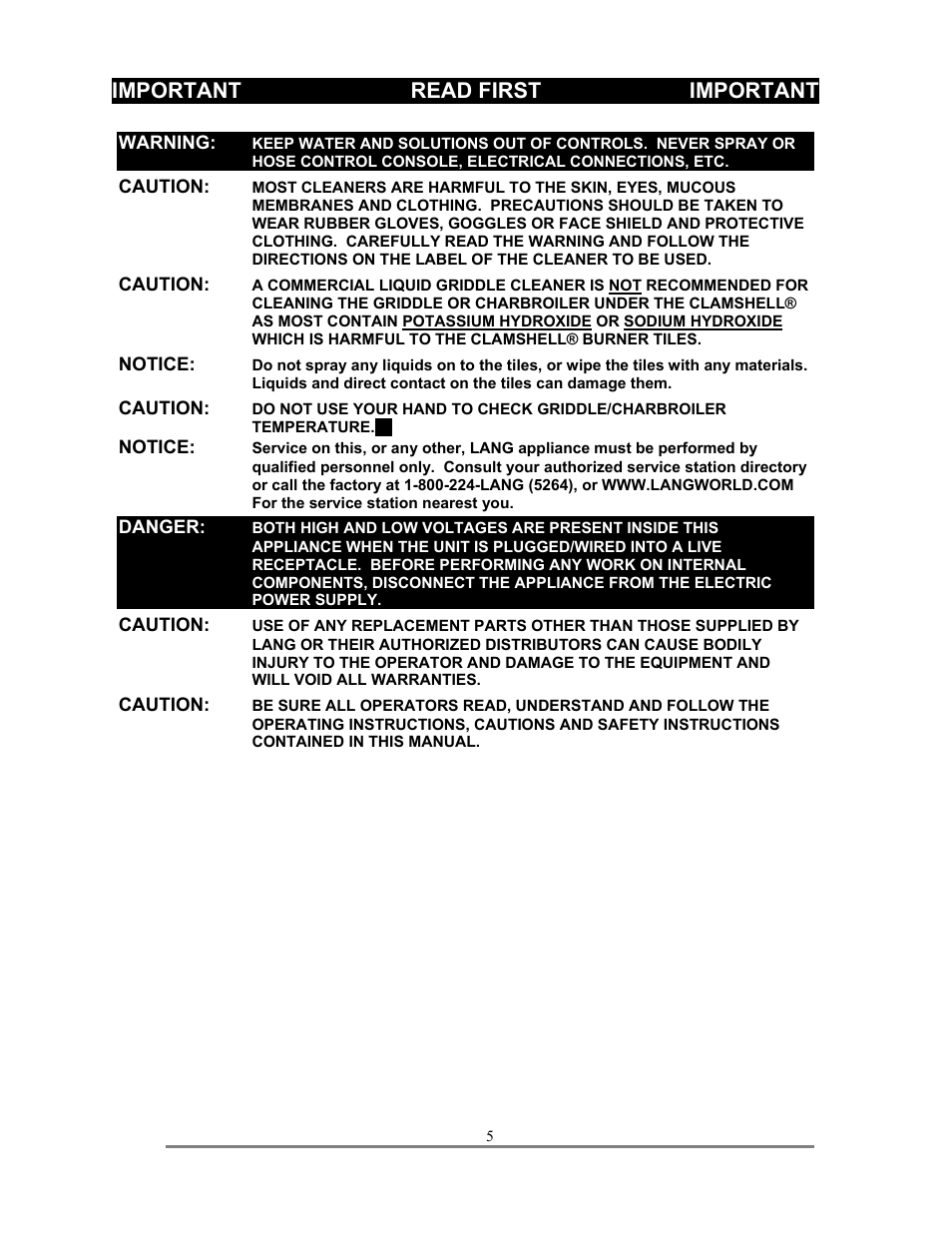 Cont'd, Important read first important | Lang Manufacturing AGC User Manual | Page 5 / 19