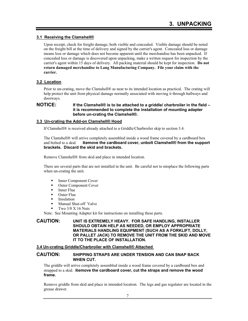 Unpacking | Lang Manufacturing AGC User Manual | Page 7 / 19