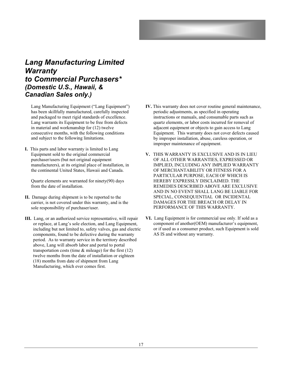 Warranty, Domestic u.s., hawaii, & canadian sales only.) | Lang Manufacturing CLGPB-36A-S User Manual | Page 17 / 17