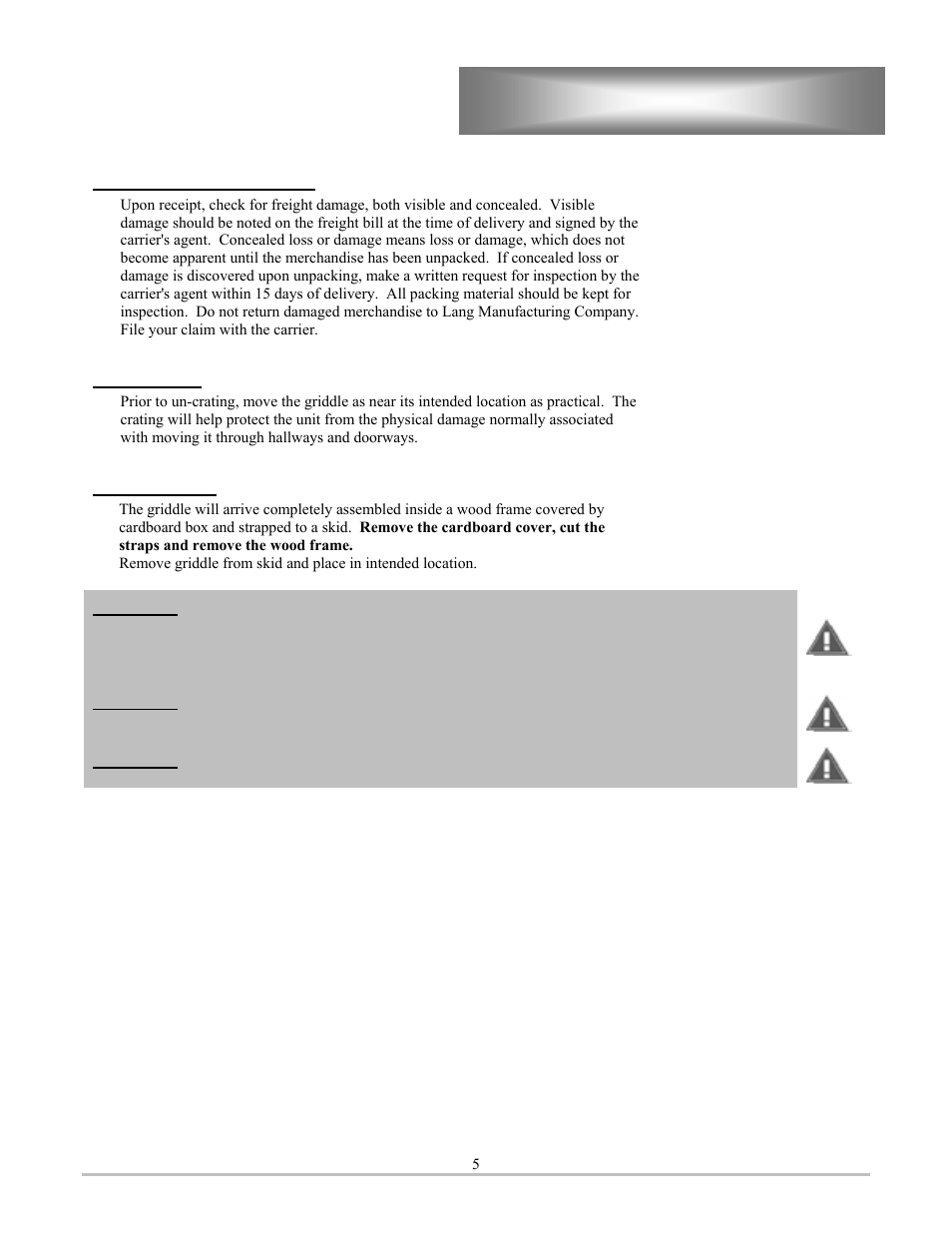 Unpacking | Lang Manufacturing CLGPB-36A-S User Manual | Page 5 / 17