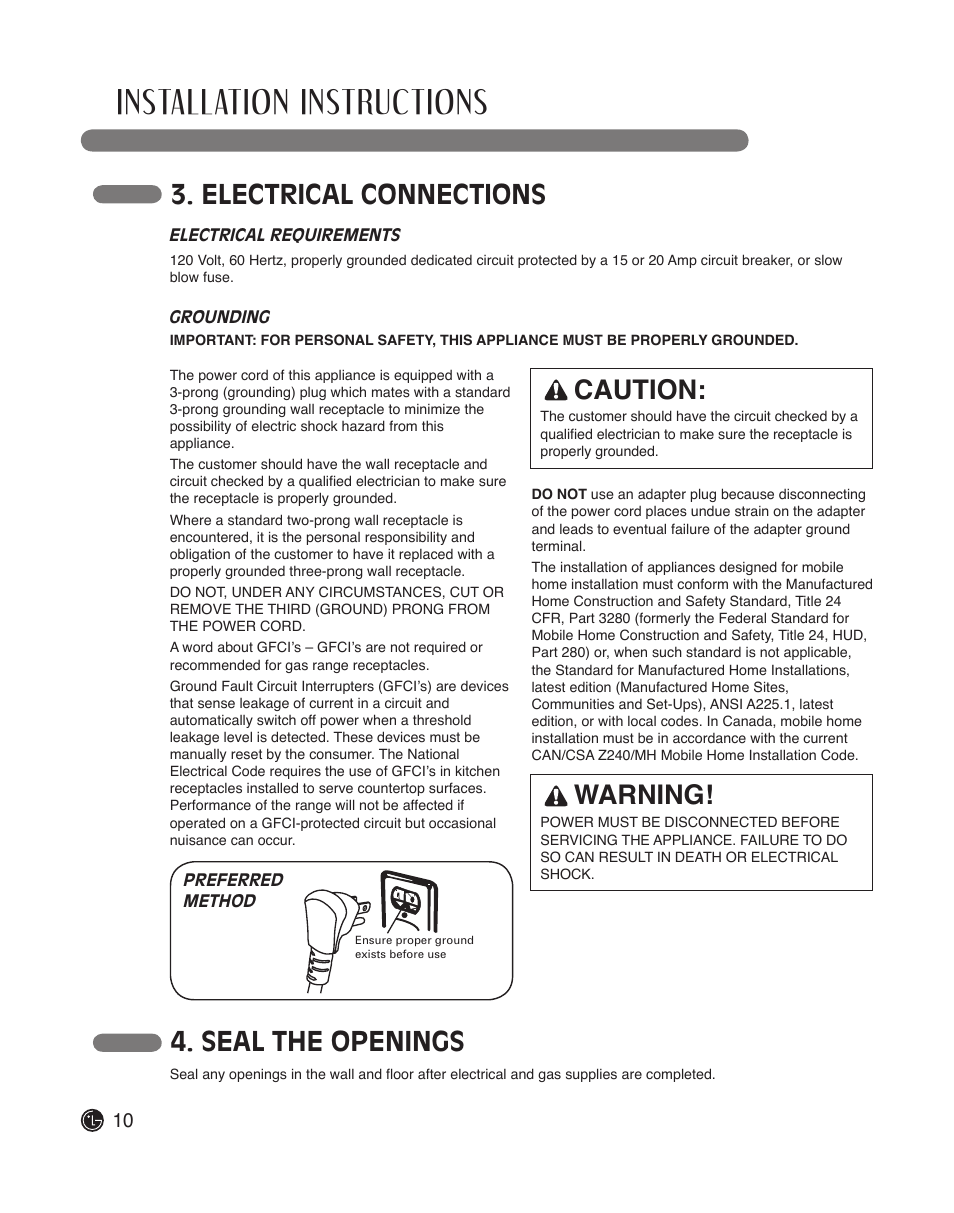 Installation instructions, Electrical connections, Caution | Warning, Seal the openings | LG LDG3015ST User Manual | Page 10 / 17