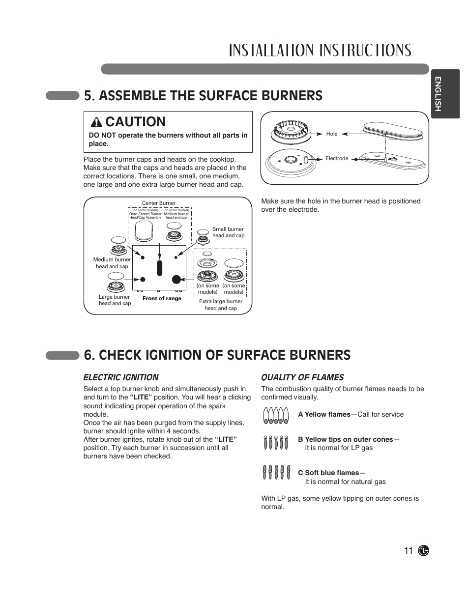 Installation instructions, Assemble the surface burners, Caution | Check ignition of surface burners | LG LDG3015ST User Manual | Page 11 / 17