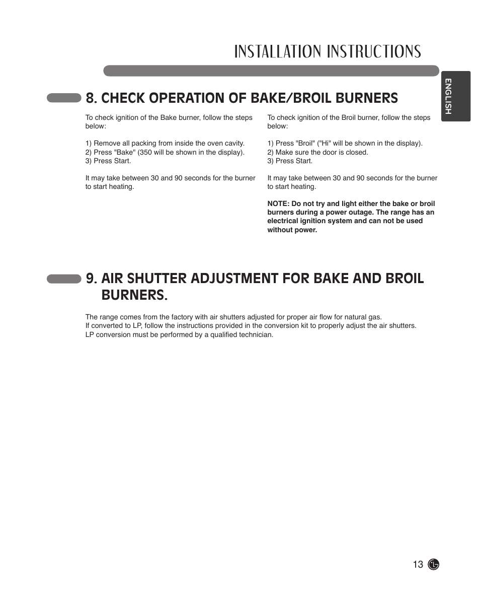 Installation instructions, Check operation of bake/broil burners, Air shutter adjustment for bake and broil burners | LG LDG3015ST User Manual | Page 13 / 17