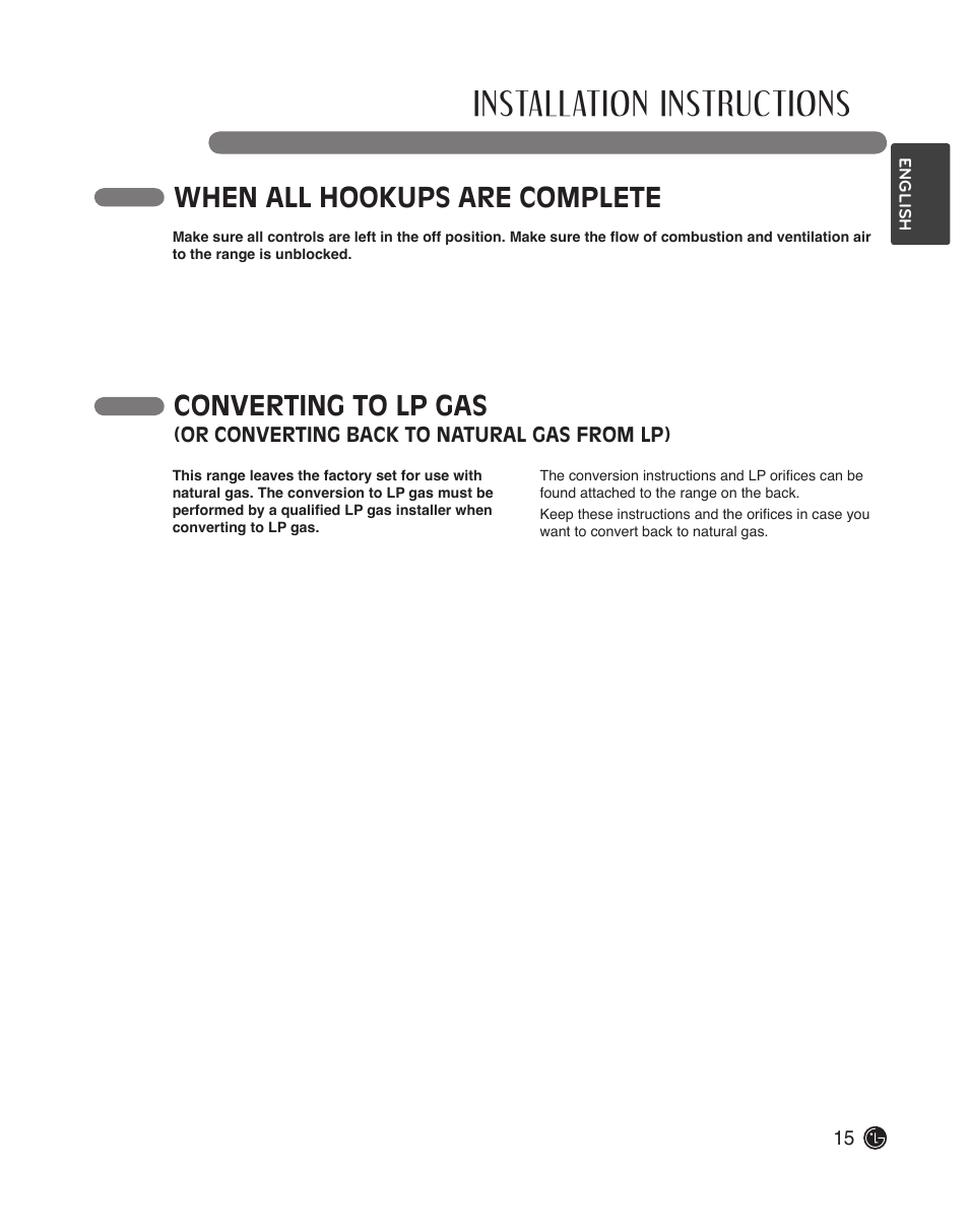 Installation instructions, When all hookups are complete, Converting to lp gas | LG LDG3015ST User Manual | Page 15 / 17