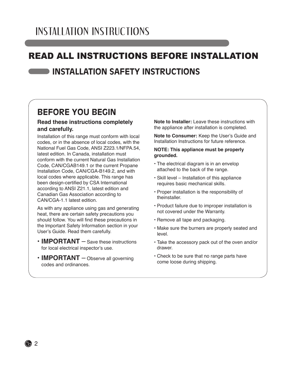 Installation instructions, Read all instructions before installation, Before you begin | Installation safety instructions, Important | LG LDG3015ST User Manual | Page 2 / 17