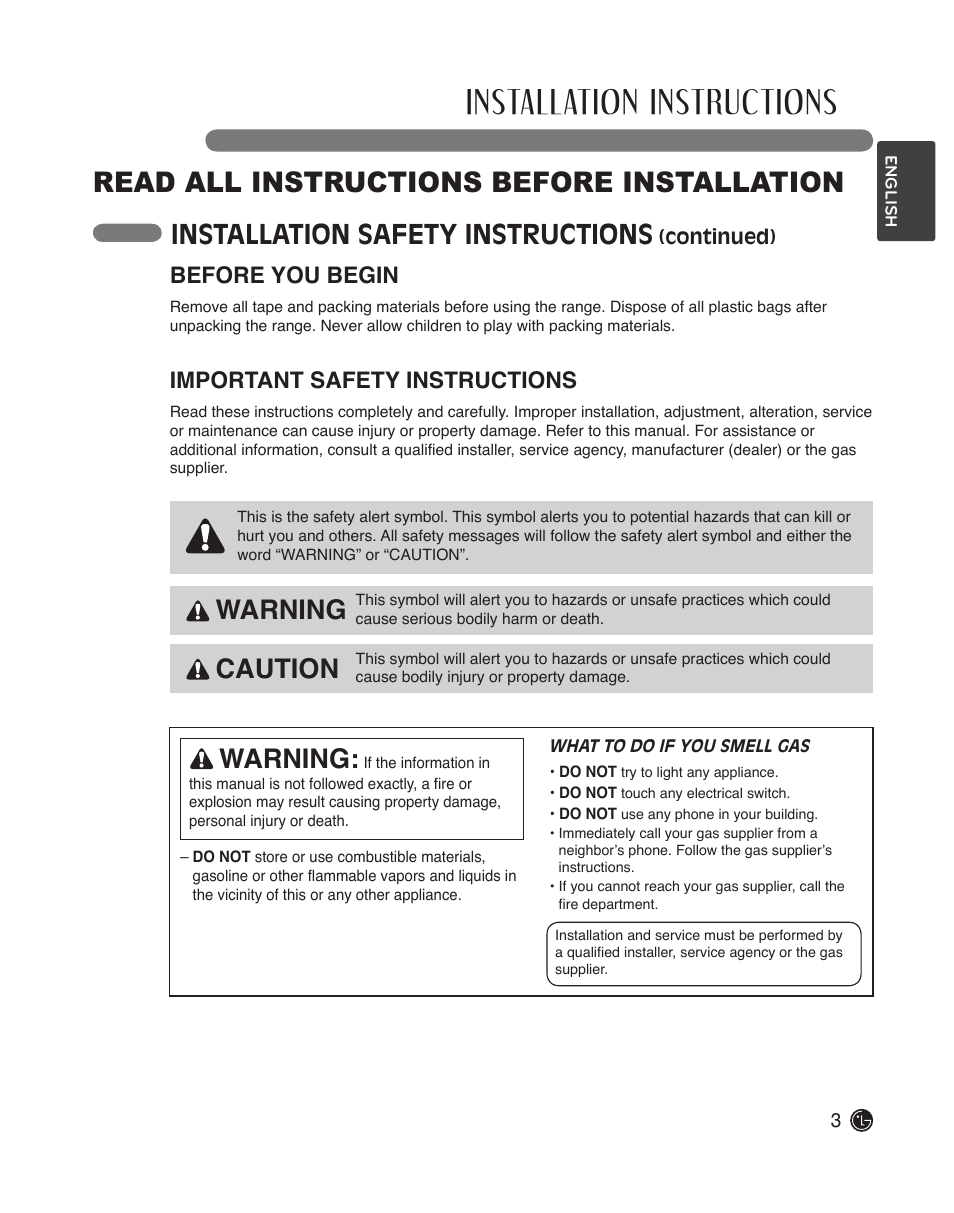 Installation instructions, Read all instructions before installation, Installation safety instructions | Warning, Caution warning, Before you begin, Important safety instructions | LG LDG3015ST User Manual | Page 3 / 17