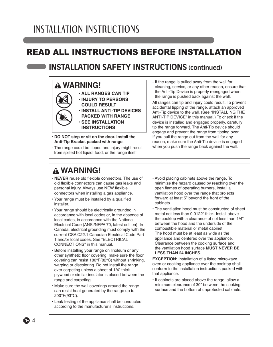 Installation instructions, Read all instructions before installation, Installation safety instructions | Warning, Continued) | LG LDG3015ST User Manual | Page 4 / 17