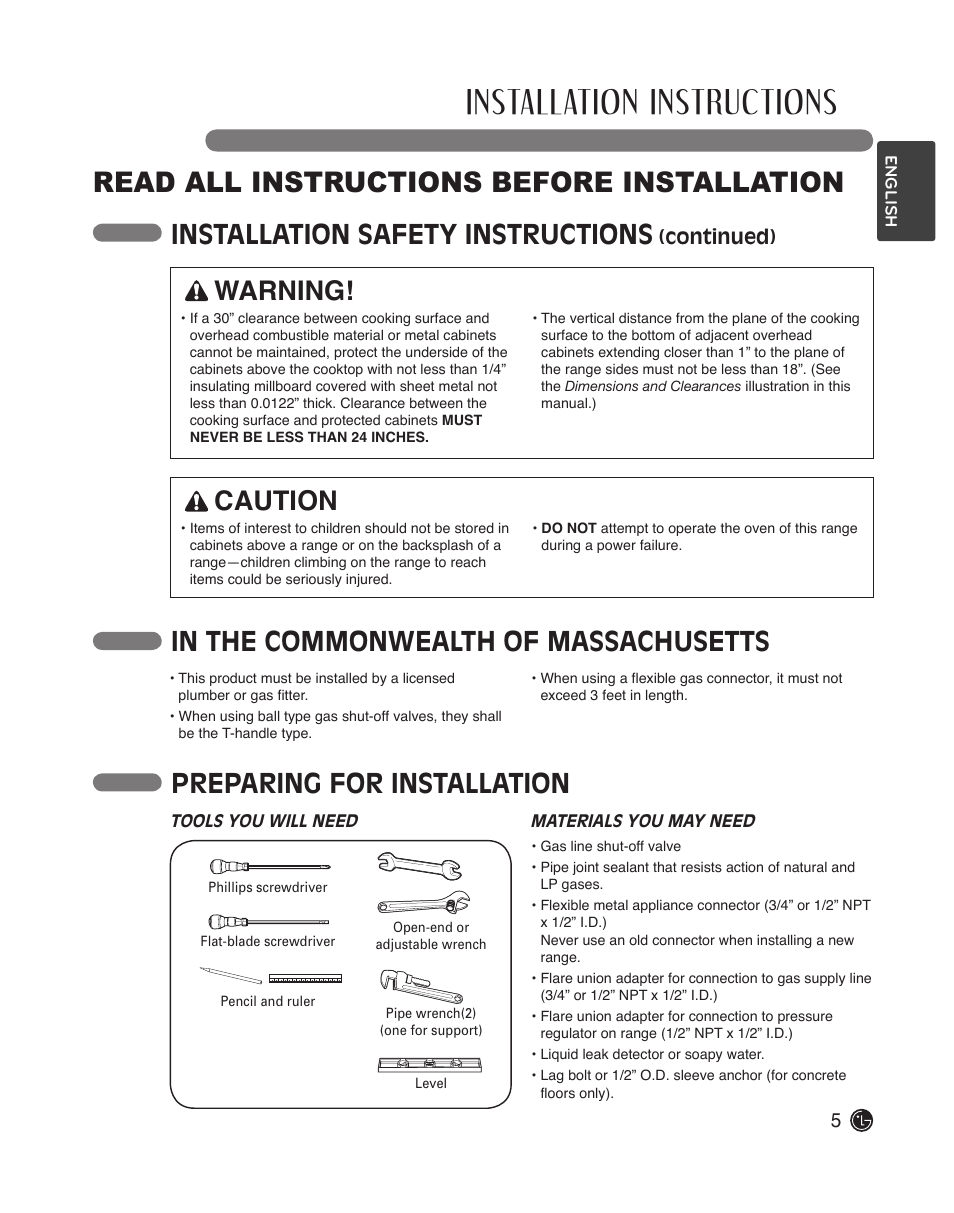 Installation instructions, Read all instructions before installation, Installation safety instructions | Warning! caution | LG LDG3015ST User Manual | Page 5 / 17