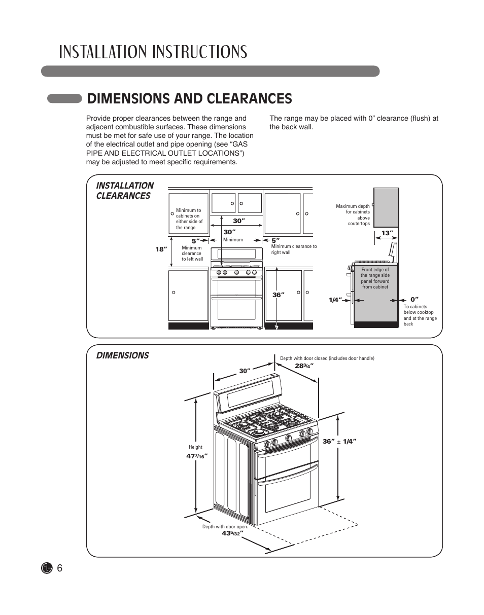 Installation instructions, Dimensions and clearances, Installation clearances dimensions | LG LDG3015ST User Manual | Page 6 / 17