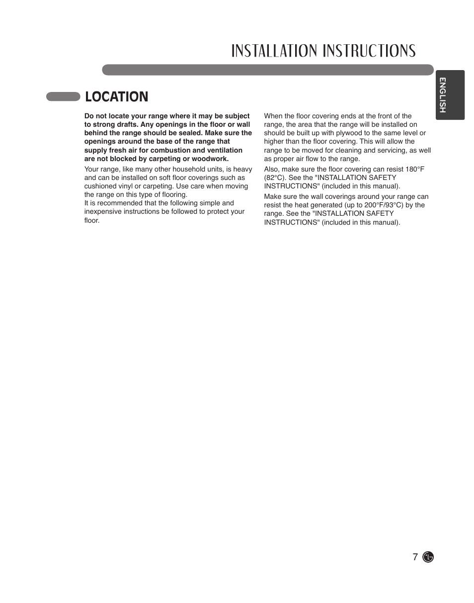 Installation instructions, Location | LG LDG3015ST User Manual | Page 7 / 17