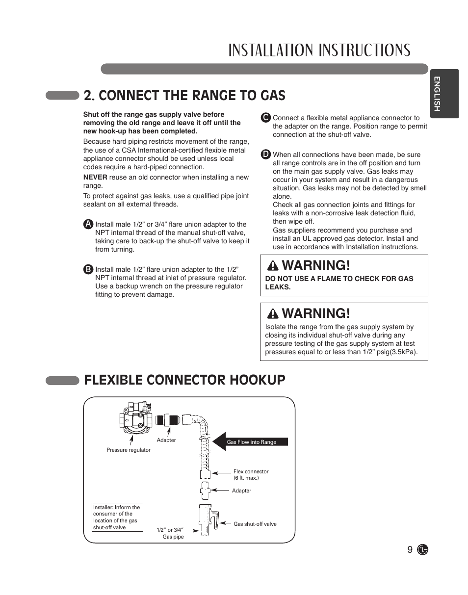 Installation instructions, Connect the range to gas, Warning | Warning! flexible connector hookup | LG LDG3015ST User Manual | Page 9 / 17