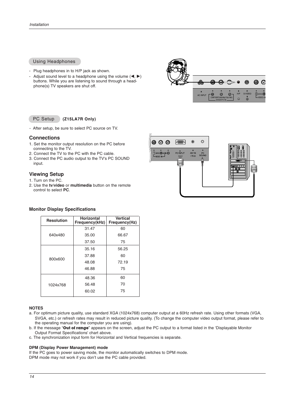 Connections, Viewing setup | LG Z20LA7R User Manual | Page 14 / 28