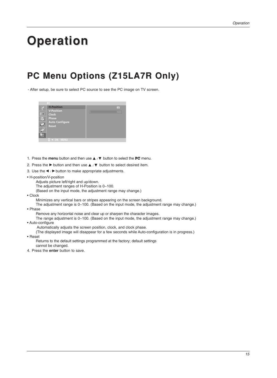 Operation, Pc menu options (z15la7r only) | LG Z20LA7R User Manual | Page 15 / 28