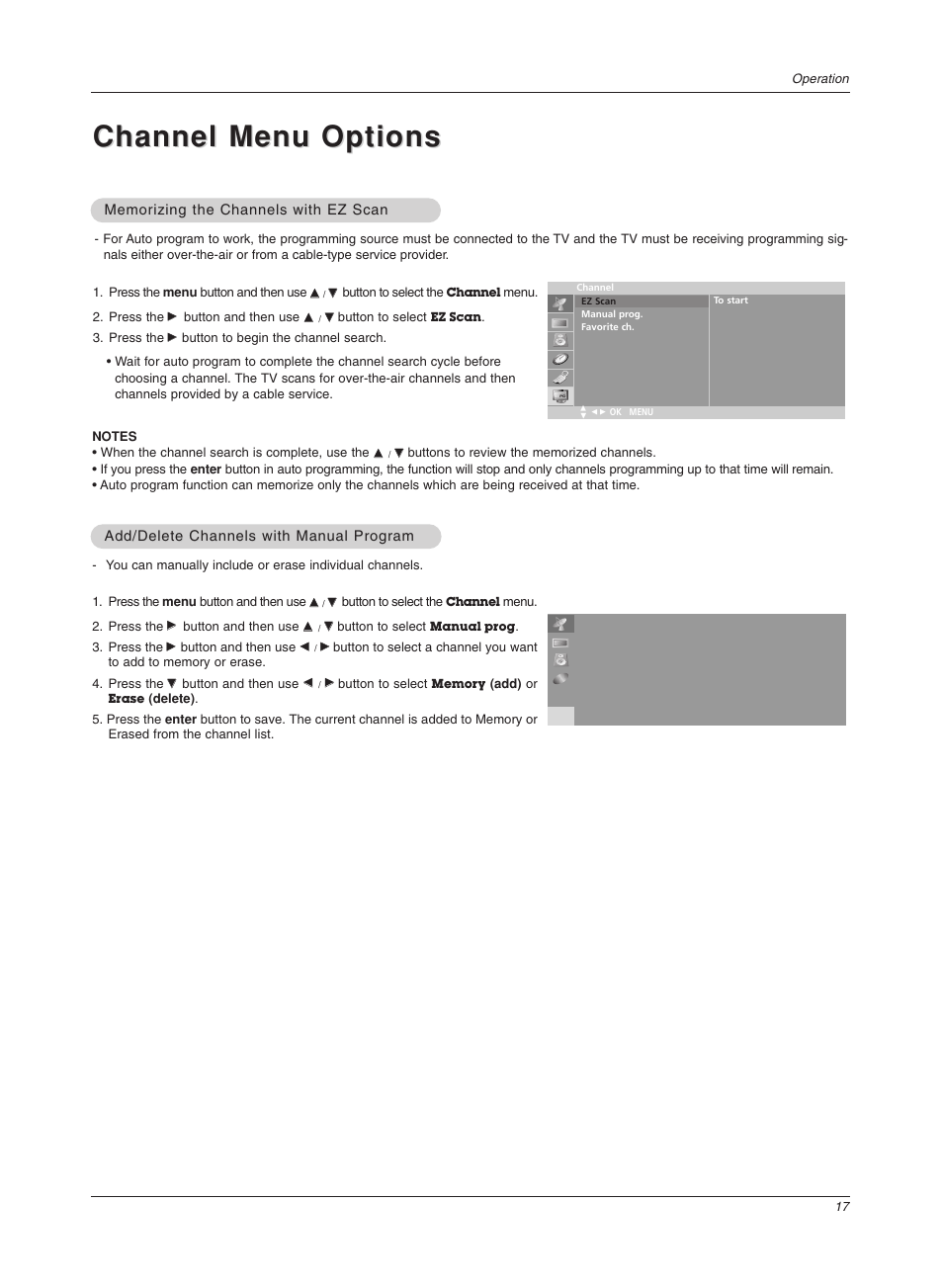 Channel menu options | LG Z20LA7R User Manual | Page 17 / 28