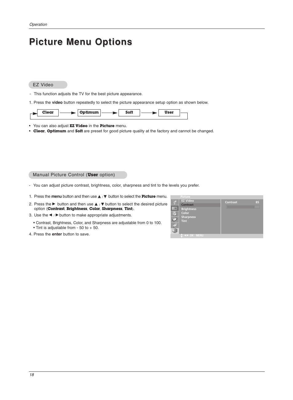 Picture menu options | LG Z20LA7R User Manual | Page 18 / 28