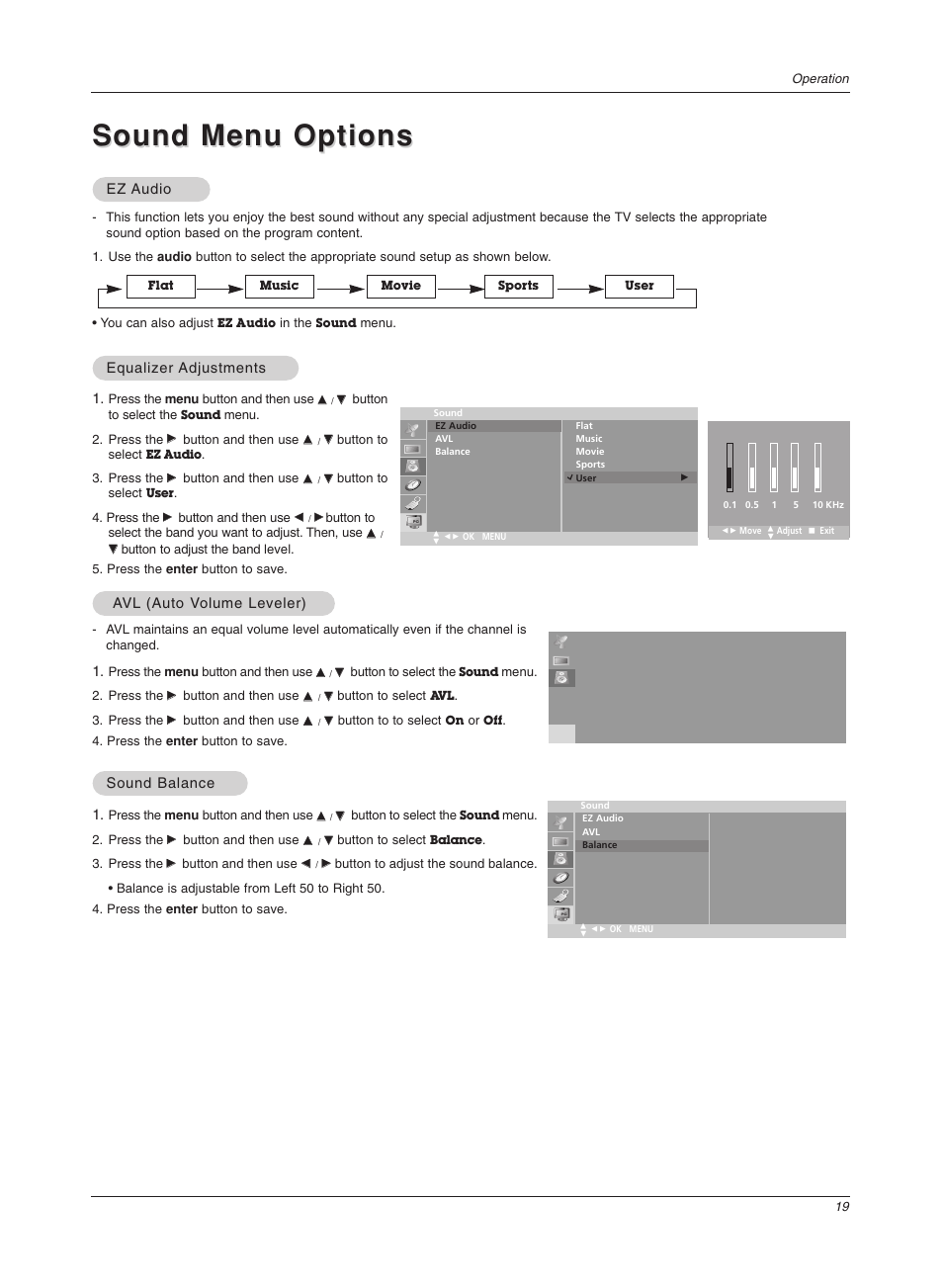 Sound menu options | LG Z20LA7R User Manual | Page 19 / 28
