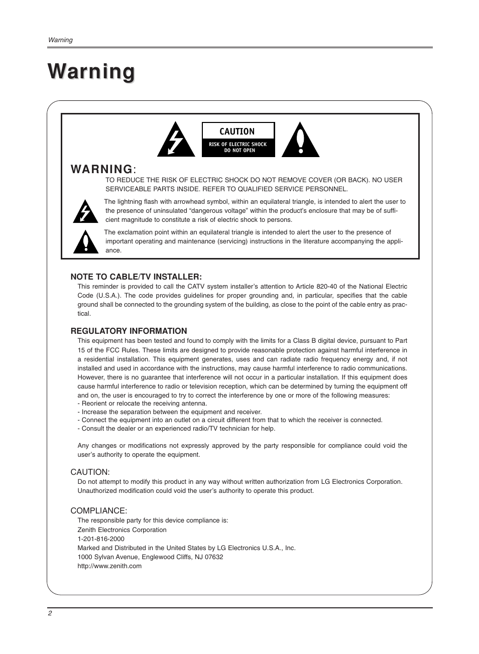 Warning arning | LG Z20LA7R User Manual | Page 2 / 28
