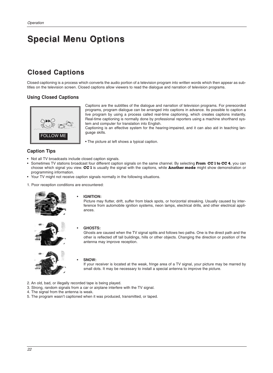 Special menu options, Closed captions | LG Z20LA7R User Manual | Page 22 / 28