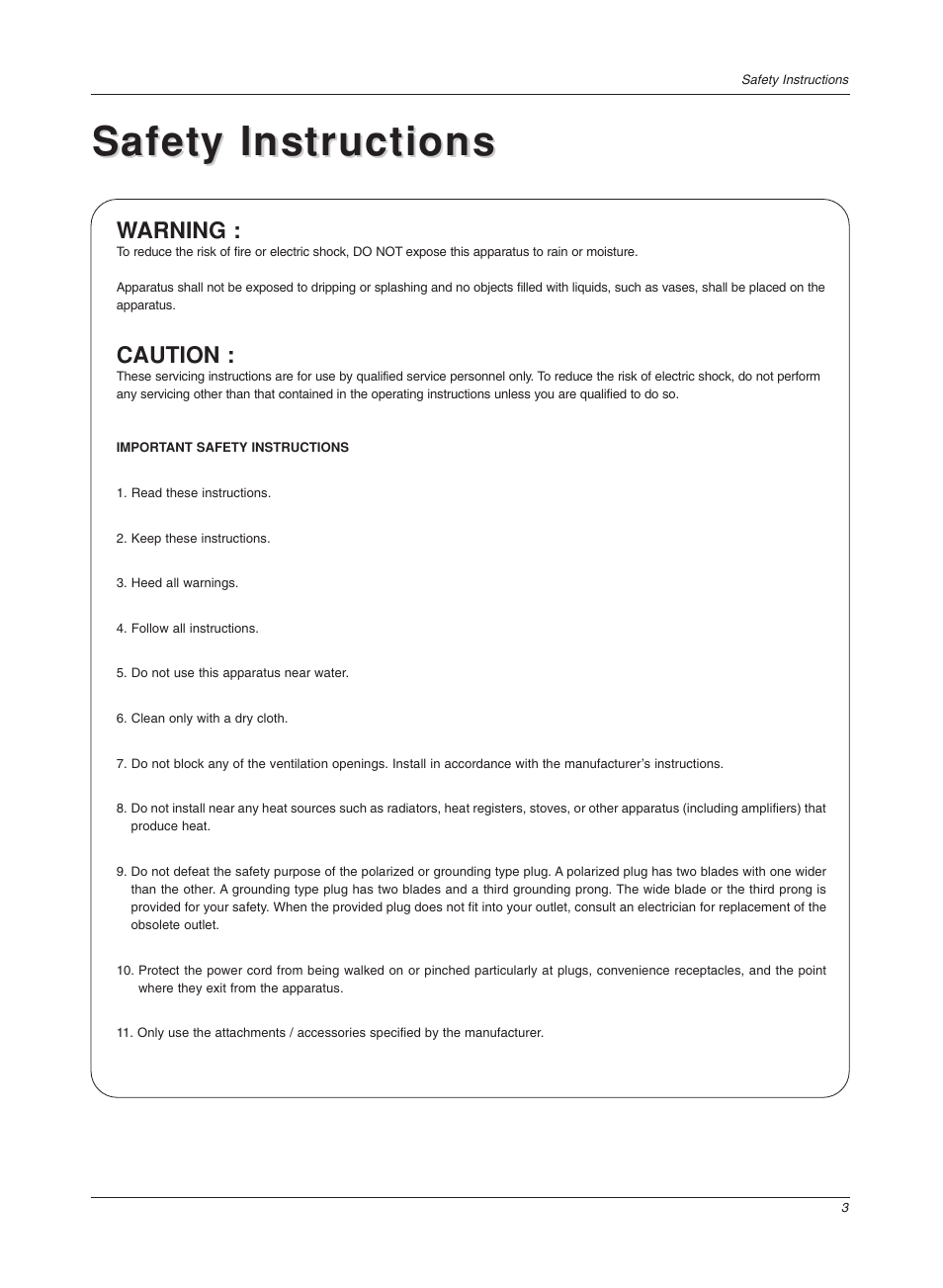 Safety instructions, Warning, Caution | LG Z20LA7R User Manual | Page 3 / 28