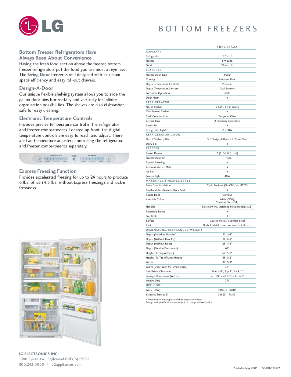 Design-a-door, Electronic temperature controls, Express freezing function | LG LRBC22522 User Manual | Page 2 / 2