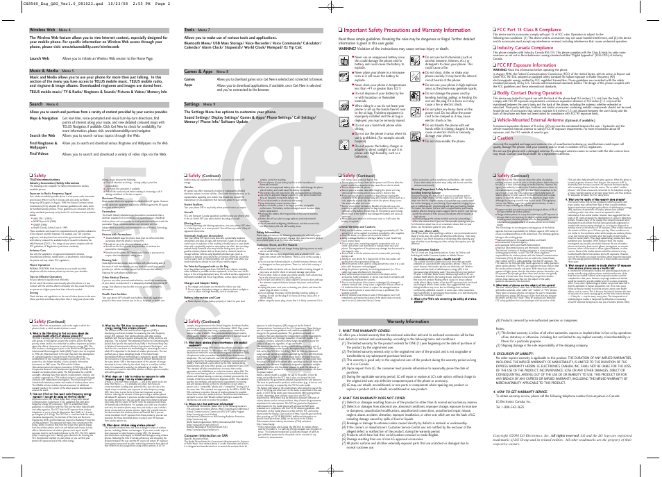 Safety, Music & media, Tools | Settings, Search, Warranty information, Fcc part 15 class b compliance, Industry canada compliance, Fcc rf exposure information, Bodily contact during operation | LG 8560 User Manual | Page 2 / 2