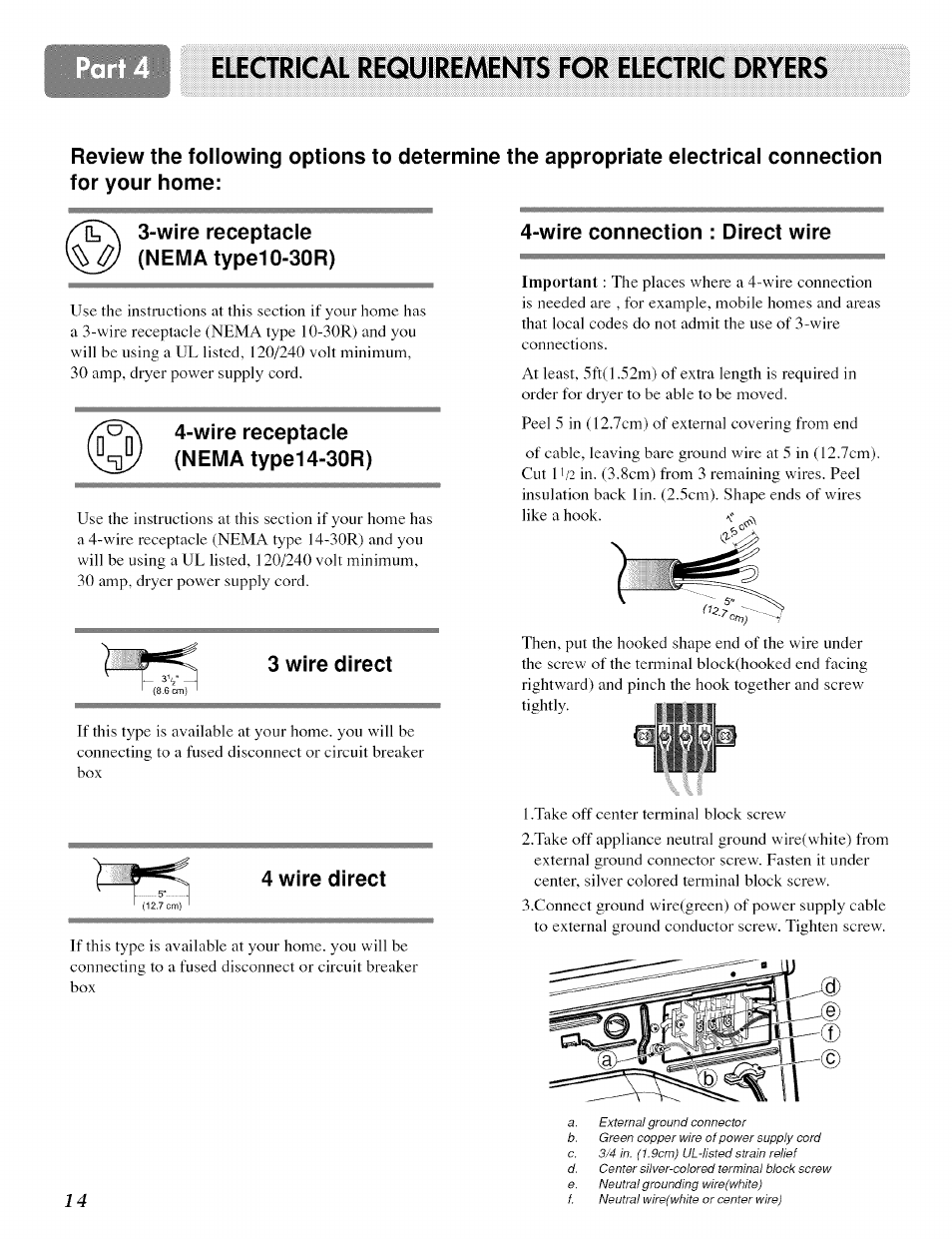 Elegtrigal requirements for elegtrig dryers, Wlre receptacle (nema type10-30r), Wire receptacle (nema type14-30r) | 3 wire direct, Wire connection : direct wire, 4 wire direct | LG ELECTRIC AND GAS DRYER D 5988W User Manual | Page 14 / 32