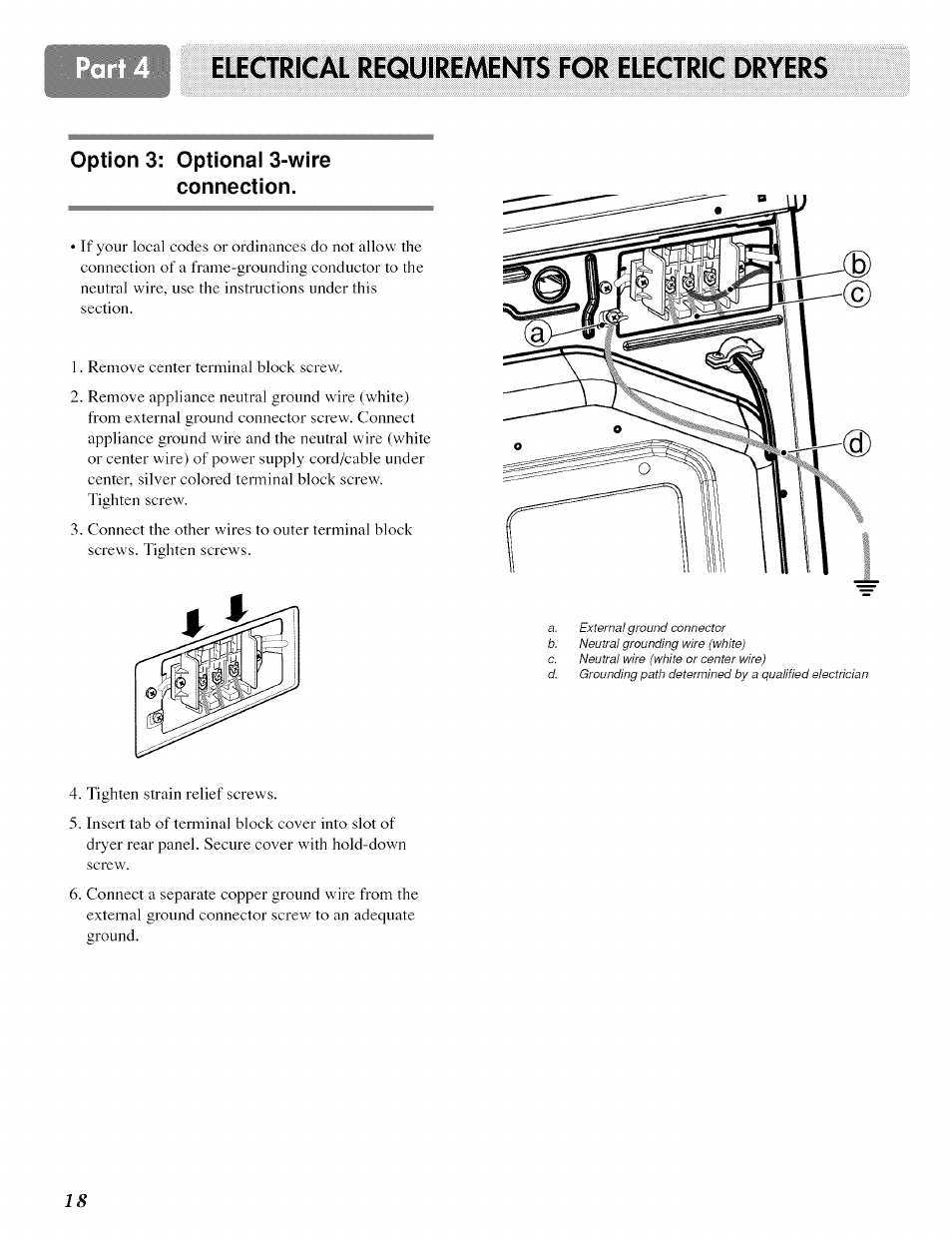 Electrical requirements for electric dryers, Option 3: optional 3-wire connection | LG ELECTRIC AND GAS DRYER D 5988W User Manual | Page 18 / 32