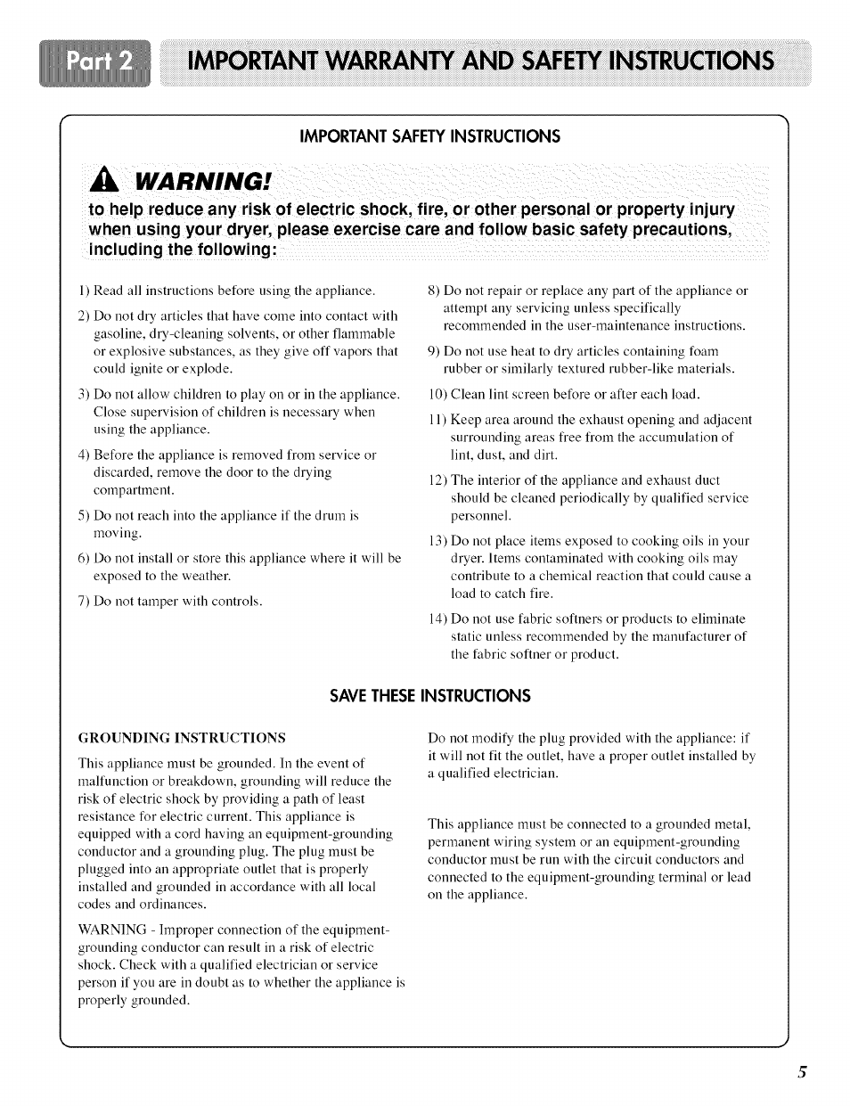 Impgrtvvnt wàrrânty and safety inst ructions | LG ELECTRIC AND GAS DRYER D 5988W User Manual | Page 5 / 32