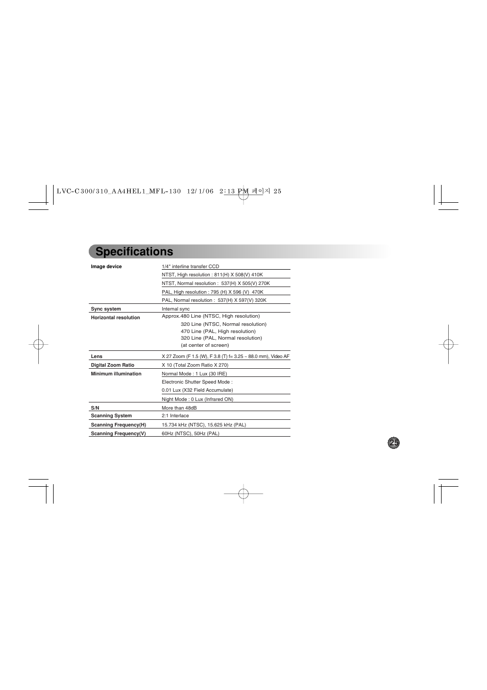 Specifications | LG LVC-C301NM User Manual | Page 25 / 28