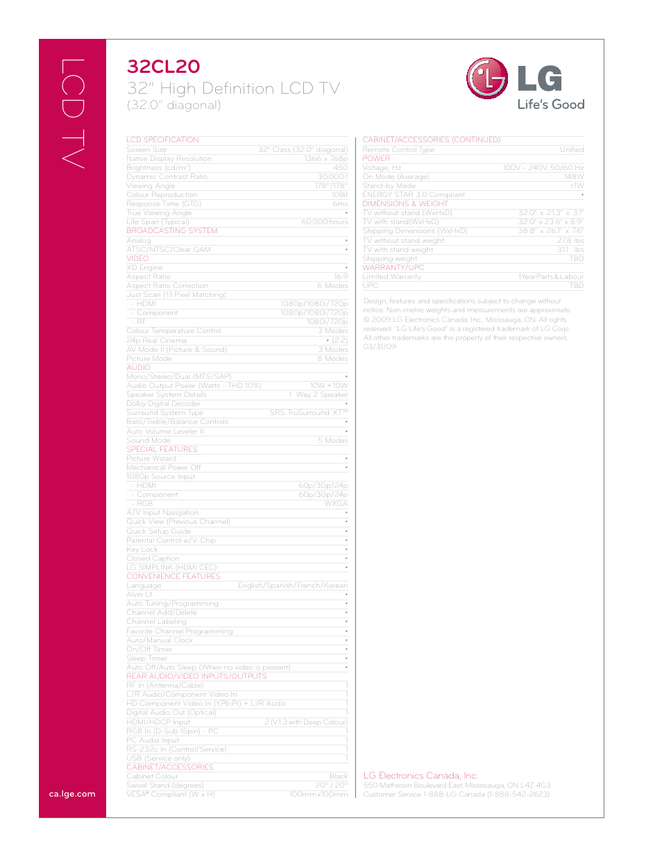 Lcd t v, 32cl20, 32” high definition lcd tv | 0” diagonal), Lg electronics canada, inc | LG 32CL20 User Manual | Page 2 / 2