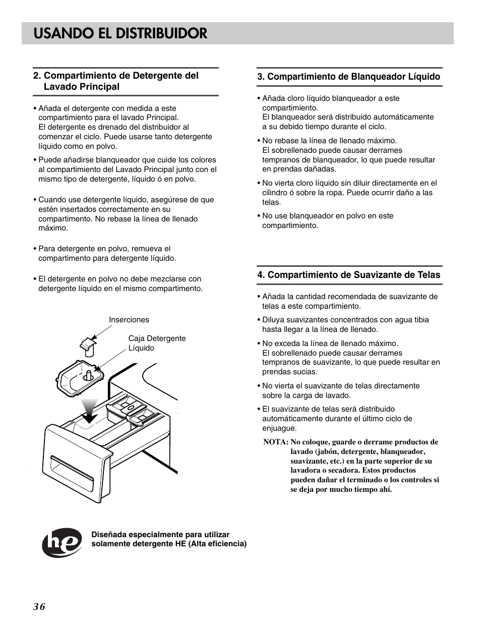 Usando el distribuidor | LG WM2233H* User Manual | Page 36 / 48
