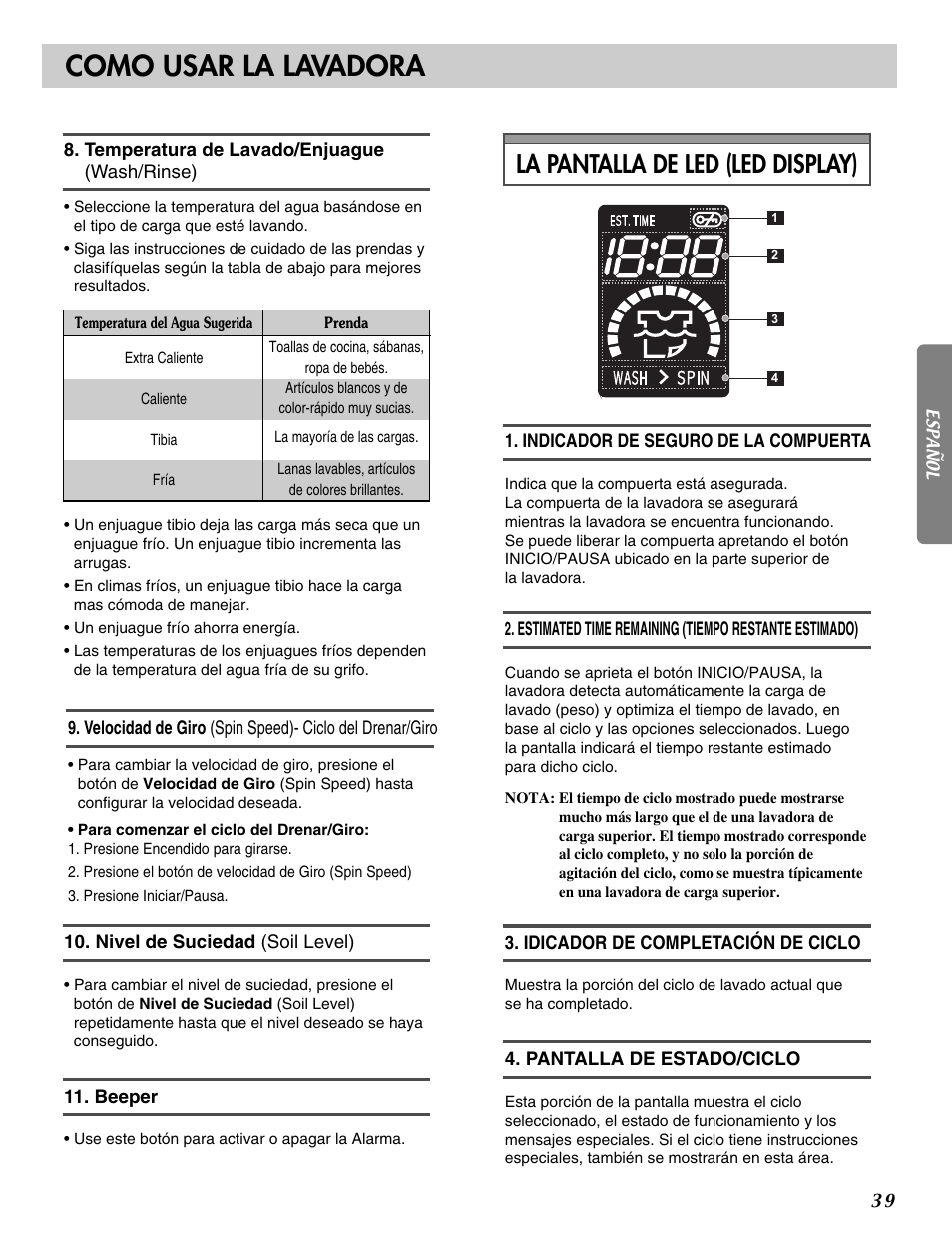 Como usar la lavadora, La pantalla de led (led display) | LG WM2233H* User Manual | Page 39 / 48
