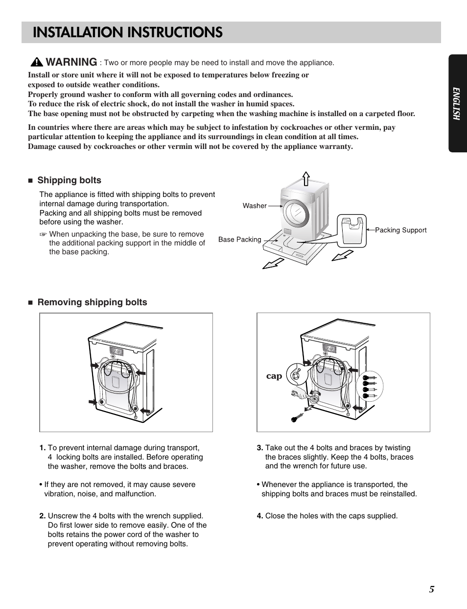 Installation instructions, Warning | LG WM2233H* User Manual | Page 5 / 48