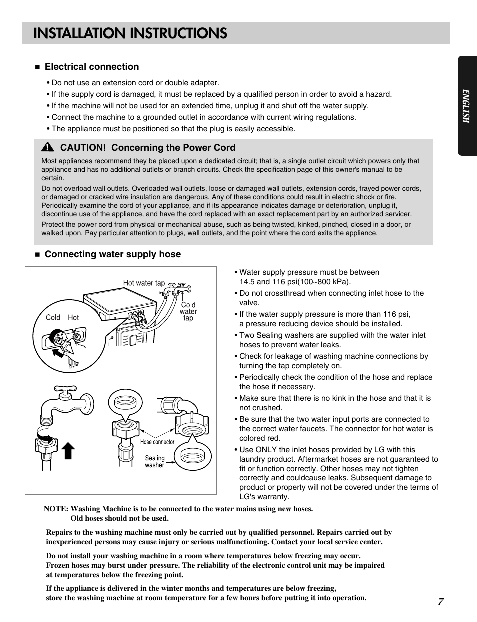 Installation instructions | LG WM2233H* User Manual | Page 7 / 48