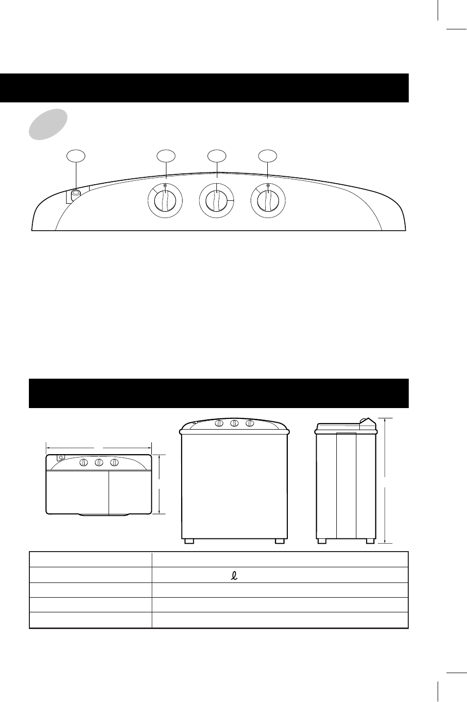 Specifications, Control panel, Water inlet | Wash timer, Drain selector, Spin timer | LG WP-580N User Manual | Page 5 / 16