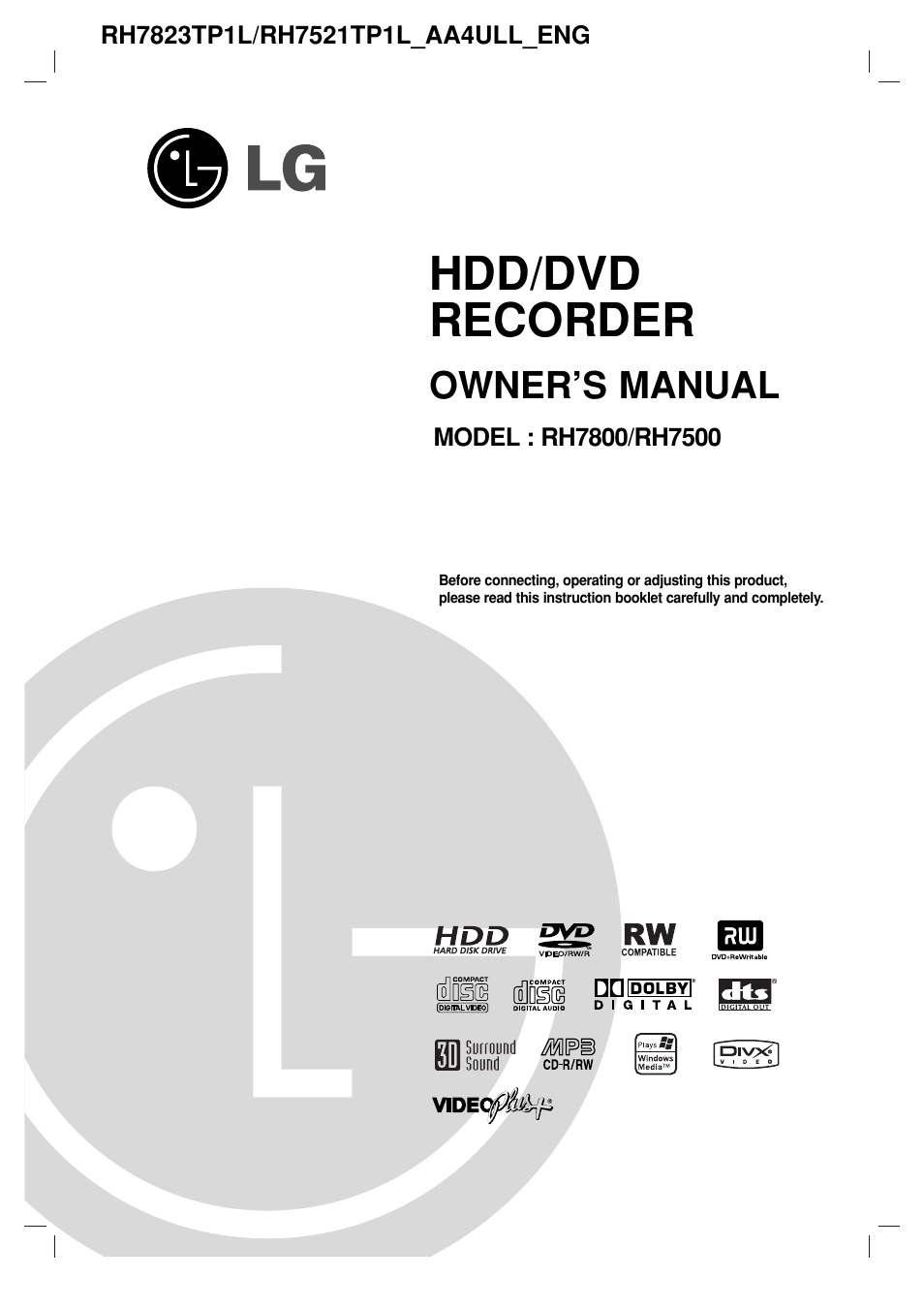 LG RH7800 User Manual | 62 pages
