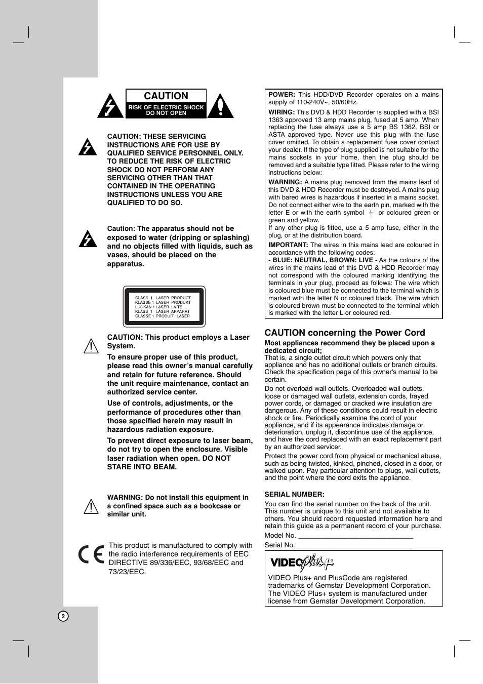 Caution, Caution concerning the power cord | LG RH7800 User Manual | Page 2 / 62