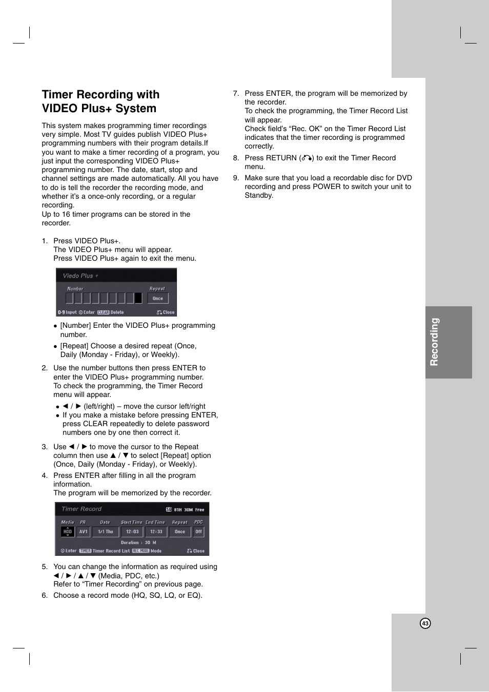 Timer recording with video plus+ system, Recording | LG RH7800 User Manual | Page 43 / 62