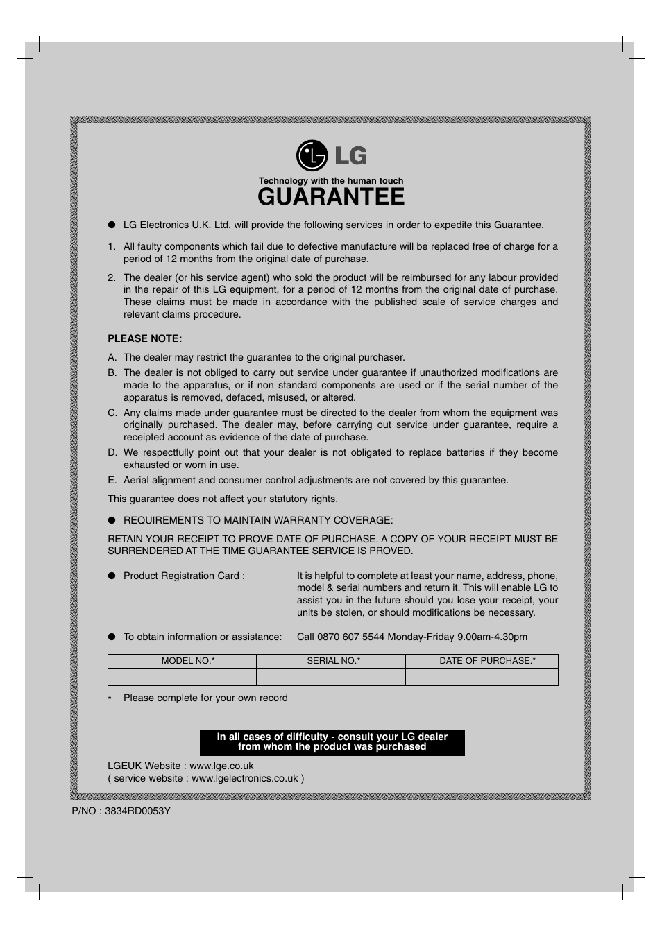 Guarantee | LG RH7800 User Manual | Page 62 / 62