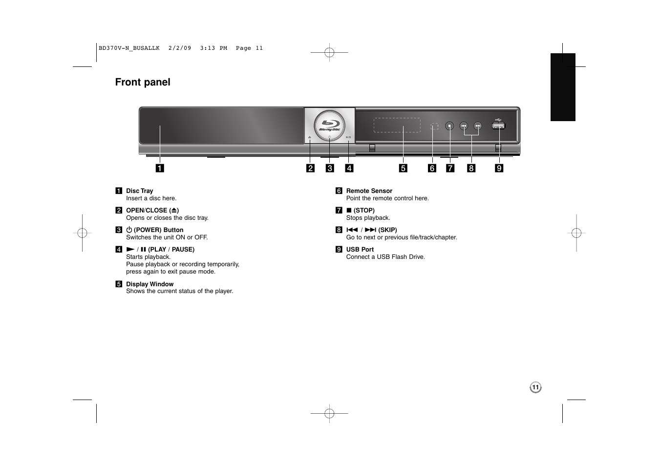 Front panel | LG BD370 User Manual | Page 11 / 52