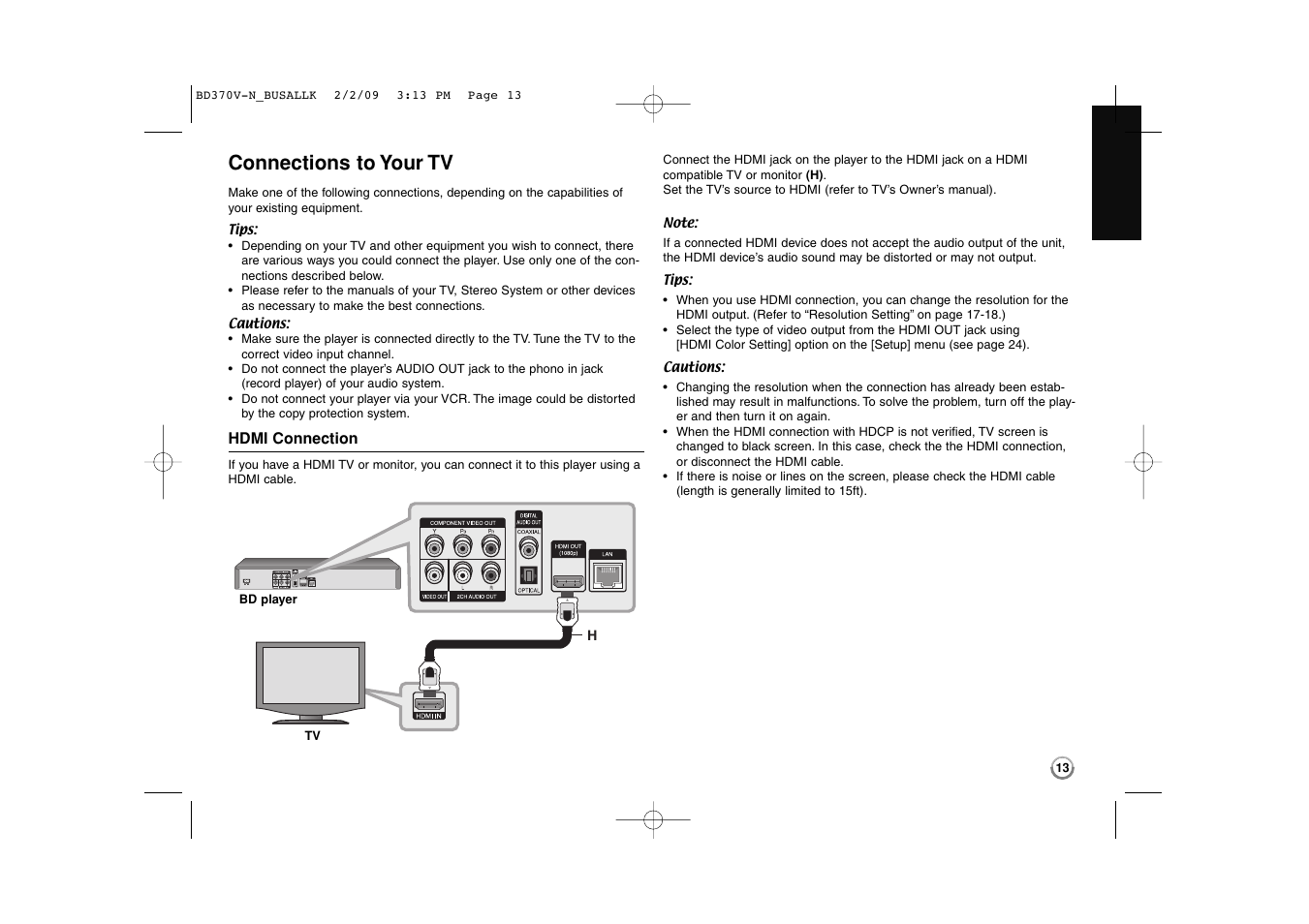 Connections to your tv | LG BD370 User Manual | Page 13 / 52