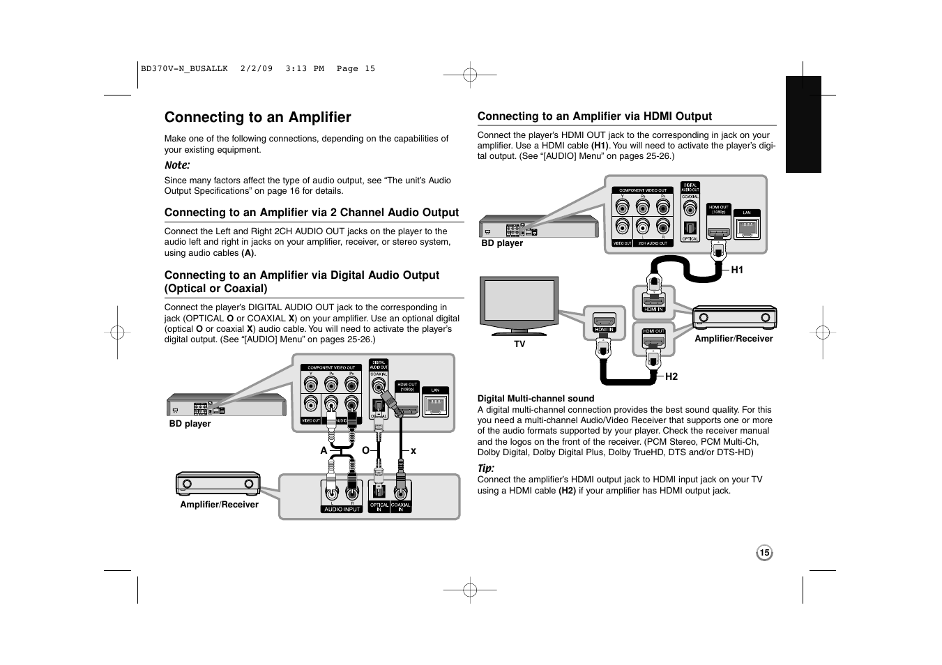 Connecting to an amplifier | LG BD370 User Manual | Page 15 / 52