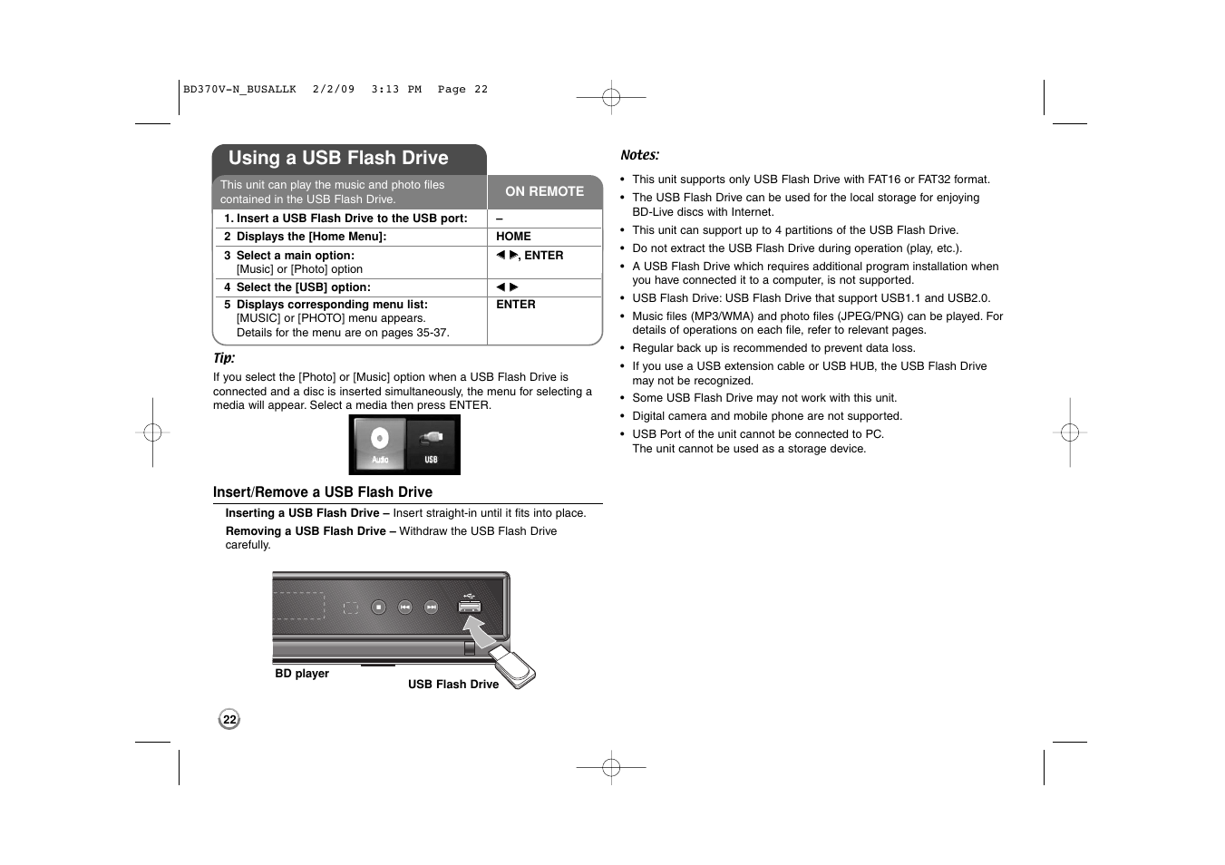 Using a usb flash drive | LG BD370 User Manual | Page 22 / 52