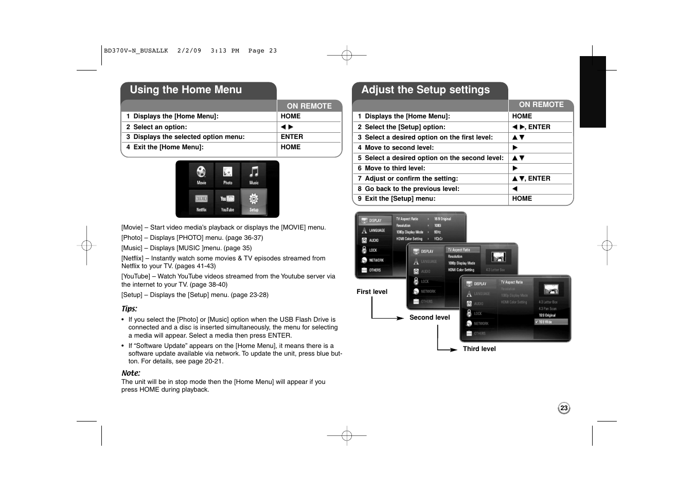 Using the home menu, Adjust the setup settings | LG BD370 User Manual | Page 23 / 52