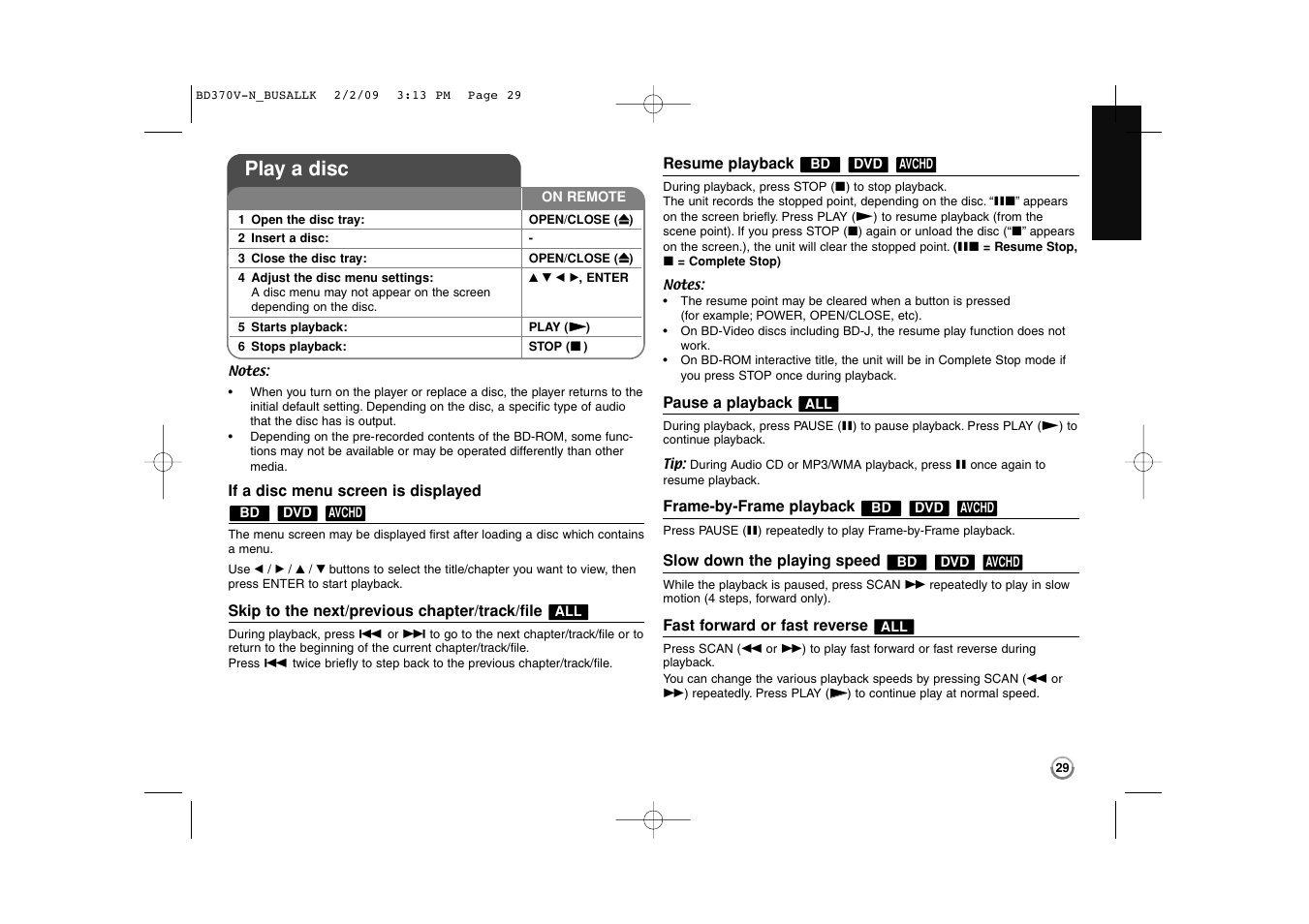 Play a disc | LG BD370 User Manual | Page 29 / 52