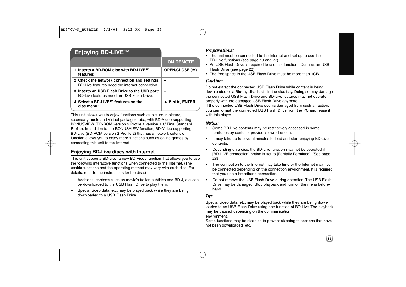 Enjoying bd-live | LG BD370 User Manual | Page 33 / 52